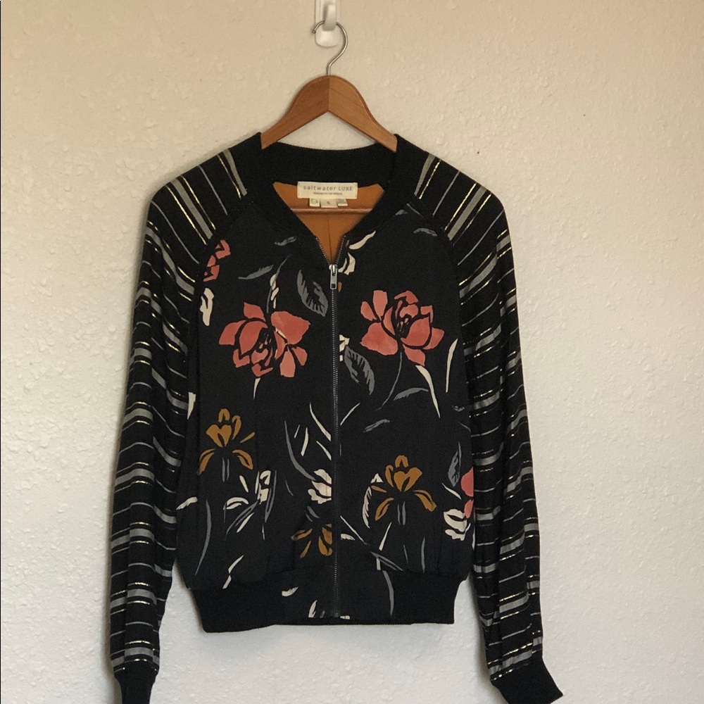 Saltwater Luxe Floral Striped Bomber Jacket Black Size Small